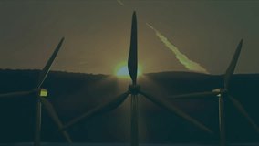 Wind turbines rotating atop ridge at sunset, flat design overlay showing rising candlestick chart. Renewable, sustainability, technology, landscape, energy, environmental, growth - Powered by Shutterstock - Get 15% off with code: PIKWIZARD15