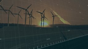 Wind turbines displaying real-time animated 3D data at dusk, showing grid and line graphs. Renewables, technology, analytics, digital, sustainability, industry, innovation - Powered by Shutterstock - Get 15% off with code: PIKWIZARD15