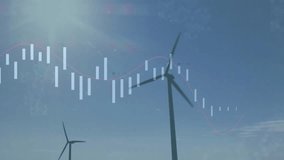 Wind turbines rotating in flat design, overlaying candlestick chart bars and pink trend line. Renewable, energy, sustainability, technology, finance, environment, innovation - Powered by Shutterstock - Get 15% off with code: PIKWIZARD15