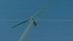 Wind turbine projecting green data overlays against sky, featuring animated illustration style. Renewable energy, technology, sustainability, clean power, innovation, digital interface, environmental - Powered by Shutterstock - Get 15% off with code: PIKWIZARD15