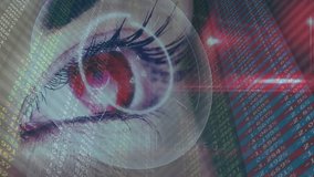 woman scanning eye in digital finance interface, with HUD graphic and floating stock market figures. Futuristic, technology, data, analytics, visualization, cyber, modern - Powered by Shutterstock - Get 15% off with code: PIKWIZARD15