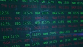 3D DNA helix running diagonally across trade board showing green red tickers with percent values. Futuristic, technological, innovation, data visualization, financial, digital, sci-fi - Powered by Shutterstock - Get 15% off with code: PIKWIZARD15