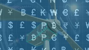 Wind turbine hub rotating on blueprint grid while currency symbols floating around holographic cube. Technology, finance, innovation, sustainability, digital, futuristic, abstract - Powered by Shutterstock - Get 15% off with code: PIKWIZARD15
