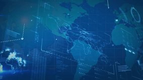 Digital world map being animated on screen, displaying translucent bar charts and flow lines. Futuristic, data visualization, hud, technology, digital interface, analytics, network - Powered by Shutterstock - Get 15% off with code: PIKWIZARD15