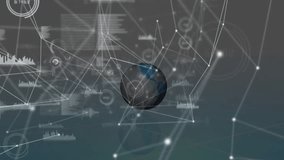 Central globe displaying interconnected network lines and flag icons floating, with data charts. Geography, technology, innovation, connectivity, cyber, data, digital - Powered by Shutterstock - Get 15% off with code: PIKWIZARD15