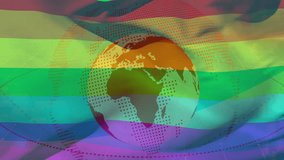 Animated globe showing translucent Americas over rainbow bands with star flare and hexagon bokeh. Globes, digital art, abstract, vibrant, futuristic, technological, connectivity - Powered by Shutterstock - Get 15% off with code: PIKWIZARD15