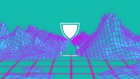 White neon hourglass icon glowing and glitching in retro grid with wireframe mountains. Cyberpunk, digital art, futuristic, neon, abstract, geometry, technology - Powered by Shutterstock - Get 15% off with code: PIKWIZARD15