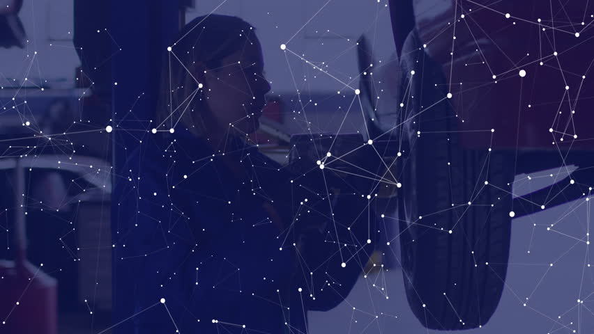 woman using digital keyboard overlay in tech lab, displaying floating data and network graph. Futuristic, technology, innovation, science, data visualization, interface, interface design - Powered by Shutterstock - Get 15% off with code: PIKWIZARD15