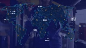 Woman holding smartphone and exploring finance dashboard overlaying world map with animated graphs. Technology, innovation, data visualization, global connectivity, digital interface, business - Powered by Shutterstock - Get 15% off with code: PIKWIZARD15