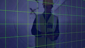 Construction engineer wearing yellow helmet and vest, examining floating code, grid in AR workspace. Technology, innovation, cybersecurity, engineering, digital, futuristic, blueprint - Powered by Shutterstock - Get 15% off with code: PIKWIZARD15