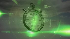 Animated 3D mechanical stopwatch floating over digital grid, showing scrolling code and green glow. Technology, innovation, data, cyber, digital, futurism, precision - Powered by Shutterstock - Get 15% off with code: PIKWIZARD15