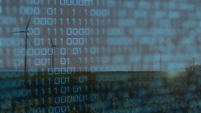 Wind farm being animated at dusk with turbines blending with translucent binary code overlay. Renewable, technology, sustainability, landscape, futuristic, environmental, digital - Powered by Shutterstock - Get 15% off with code: PIKWIZARD15