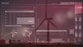 Wind turbine silhouette standing center showing futuristic UI panels animating data in flat design. Renewable energy, digital interface, environmental technology, data visualization, futuristic - Powered by Shutterstock - Get 15% off with code: PIKWIZARD15