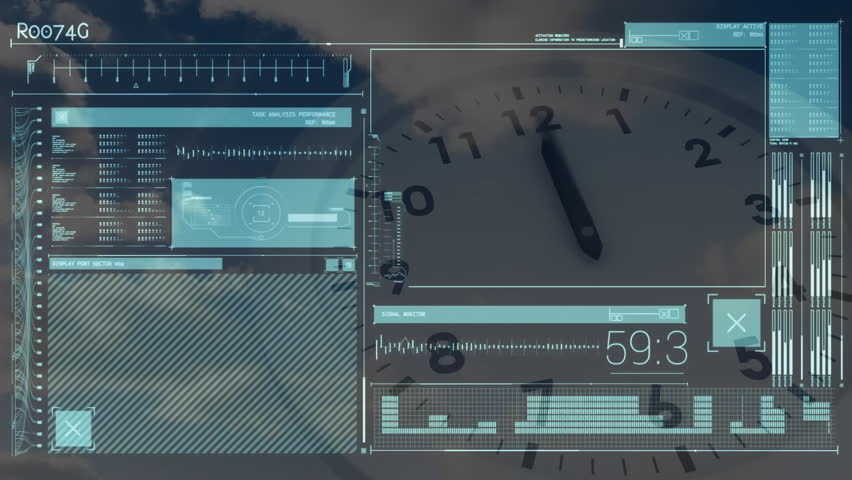 Futuristic HUD flat design overlay displaying clear panels with waveform graphs and clock outlines. Technology, innovation, digital, interface, science, analytics, data