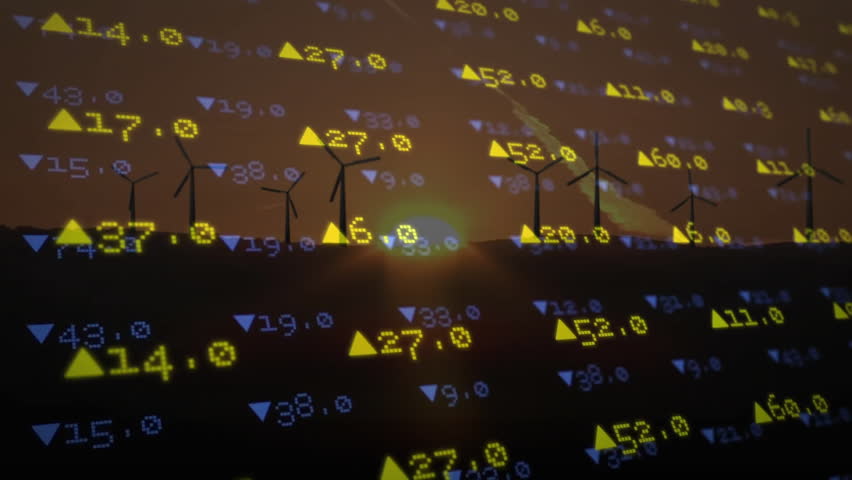 Displaying flat financial data overlay with yellow and blue triangles on wind turbine silhouettes. Renewable, sustainability, technology, data visualization, energy, environmental, innovative - Powered by Shutterstock - Get 15% off with code: PIKWIZARD15