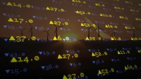 Displaying flat financial data overlay with yellow and blue triangles on wind turbine silhouettes. Renewable, sustainability, technology, data visualization, energy, environmental, innovative - Powered by Shutterstock - Get 15% off with code: PIKWIZARD15