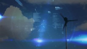 Wind turbine rotating against deep blue sky, displaying interface with code snippets and data grids. Renewable energy, futuristic, digital interface, sustainable, technology, eco-friendly, clean power - Powered by Shutterstock - Get 15% off with code: PIKWIZARD15