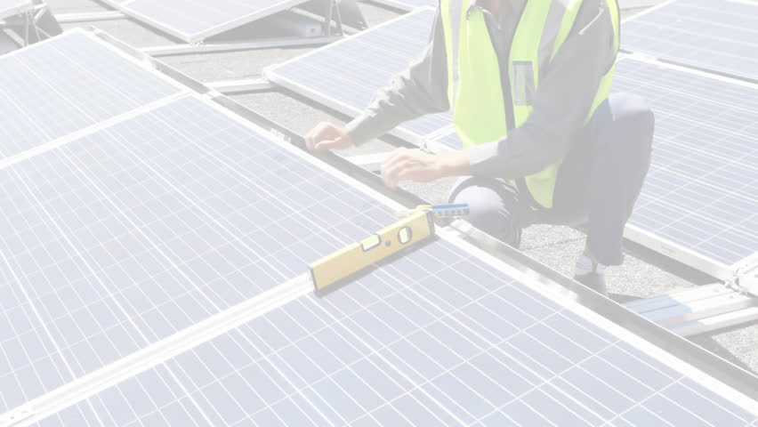 Technician kneeling on rooftop solar panels adjusting rails, showing digital node network overlay. Innovation, renewable, energy, technology, sustainability, engineering, modern - Powered by Shutterstock - Get 15% off with code: PIKWIZARD15