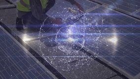 Solar technician kneeling rooftop inspecting panels, displaying network globe tech overlay. Renewable energy, technology, innovation, industrial, environmental, digital, engineering - Powered by Shutterstock - Get 15% off with code: PIKWIZARD15