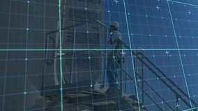 Technician climbing external staircase, displaying HVAC unit data, using digital grid overlay. Industrial, maintenance, safety, technology, engineering, construction, infrastructure - Powered by Shutterstock - Get 15% off with code: PIKWIZARD15