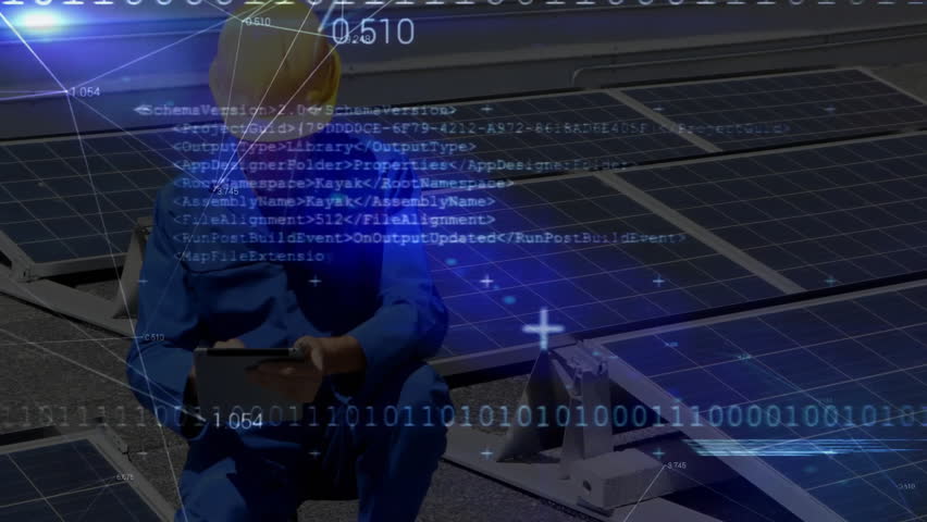 solar technician kneeling beside solar panels monitoring data, revealing floating binary code. Renewable, technology, innovation, energy, futuristic, industrial, digital - Powered by Shutterstock - Get 15% off with code: PIKWIZARD15