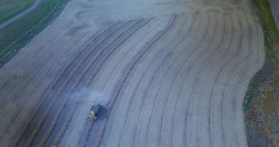 Combine harvester moving across curved harvest rows in 3D render, with digital HUD overlays. Agriculture, automation, technology, rural, panoramic, drone, precisionfarming