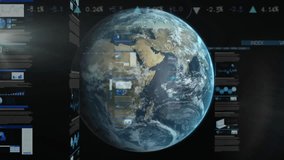 3D Earth globe floating in dark data UI, displaying multiple charts, gauges, data panels in blue. Futuristic, technology, analytics, visualization, digital, abstract, innovation - Powered by Shutterstock - Get 15% off with code: PIKWIZARD15