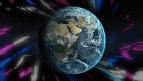 Earth floating in 3D render space, showcasing colored light streaks, detailed clouds and starfield. Planet, cosmic, futuristic, digital art, celestial, sci-fi, abstract - Powered by Shutterstock - Get 15% off with code: PIKWIZARD15