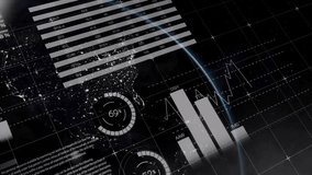 Earth globe orbiting in space, showing data overlays, grid lines, glowing chart highlights. Futuristic, technology, data visualization, digital interface, analytics, satellite, innovation - Powered by Shutterstock - Get 15% off with code: PIKWIZARD15