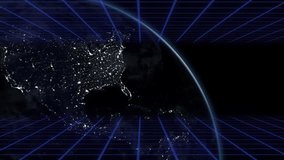 Retro scene showing pixelated WOW letters floating over neon grid with emerging Earth globe. Futuristic, cyberpunk, digital art, glowing, abstract, immersive, technological - Powered by Shutterstock - Get 15% off with code: PIKWIZARD15