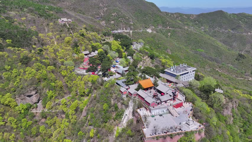 Beijing, China - 28th April 2025 - Aerial view of Beijing Miaofeng Mountain Temple during temple gatherings