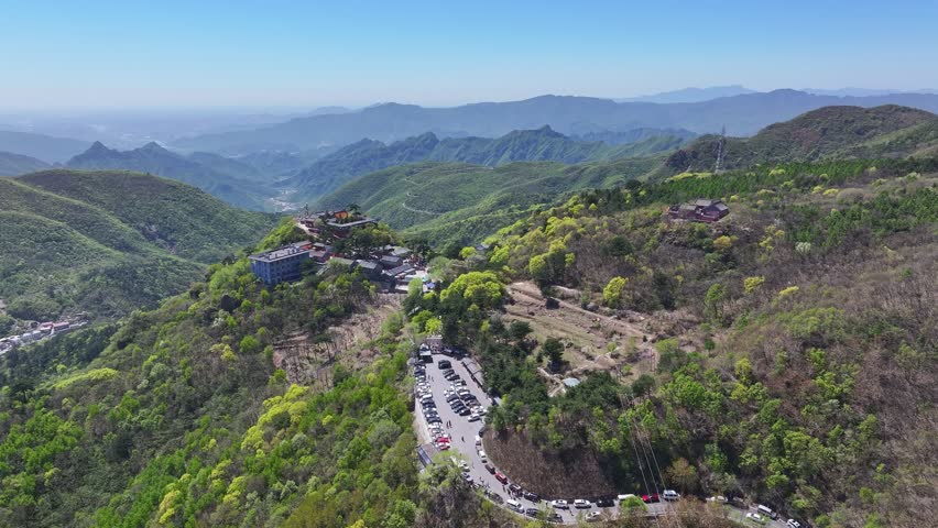 Beijing, China - 28th April 2025 - Aerial view of Beijing Miaofeng Mountain Temple during temple gatherings