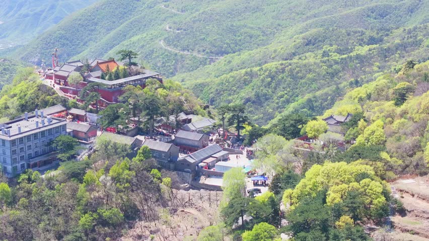 Beijing, China - 28th April 2025 - Aerial view of Beijing Miaofeng Mountain Temple during temple gatherings