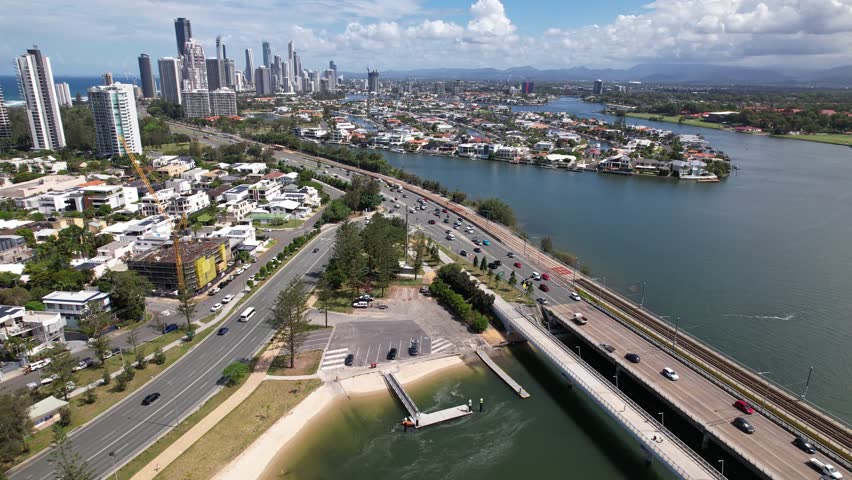 Aerial View Of Sundale Bridge, Gold Coast Hwy, Southport, QLD, Australia - Drone Shot