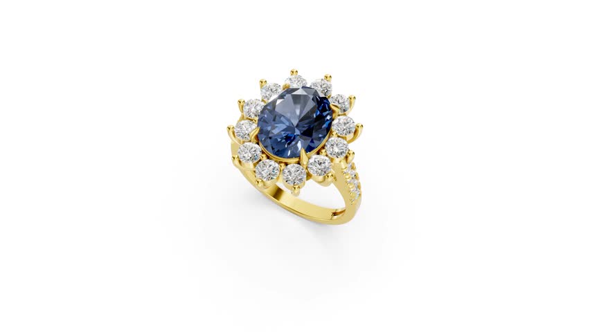 3D render video of a luxury yellow gold ring with blue sapphire and diamond halo, inspired by Lady Diana’s ring. Ideal for jewelry ads, fashion, and wedding content.