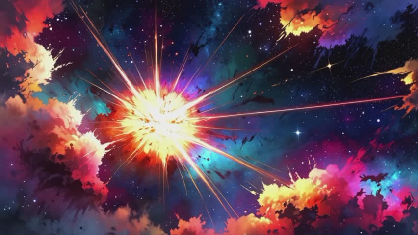 a powerful and colorful cosmic explosion in the middle of a dark, star-studded expanse of space.