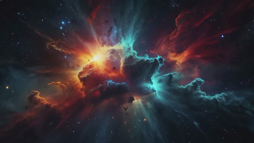 Stunning and colorful views of nebulae in space. In the center, there is a bright light radiating, surrounded by swirling clouds of gas and dust in various colors such as orange, red, turquoise, and w - Powered by Shutterstock - Get 15% off with code: PIKWIZARD15