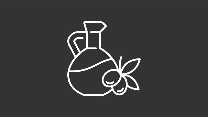Animated olive oil line white line icon. Extra virgin animation. Shaking bottle. Moving grapes. Cooking ingredient, meal preparing. Isolated element on dark background. Alpha transparent video