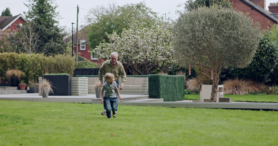 Happy family play, kid running and grandfather chase for fun, outdoor games and enjoy bonding time together. Backyard energy, home or excited child grandson playing, care and love with senior grandpa