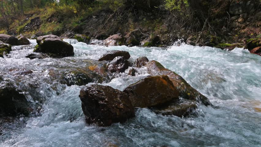 Close-up of a mountain river flowing over rocks and boulders in the forest, a gorge on a mountain in Kazakhstan. An attraction for hiking and outdoor activities.