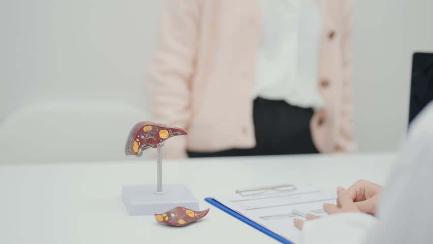 Doctor with human Liver anatomy. Elderly Patient consultation medical health for Liver cancer and Tumor, Jaundice, Viral Hepatitis, Cirrhosis, Failure, Enlarged, Hepatic Encephalopathy, Ascites Fluid 