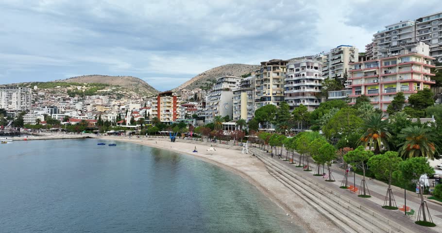 Seafront Boulevard and Beach in Sarande City Albania - Aerial View