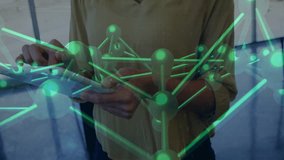 Female developer typing on laptop, visualizing tech data flow with code streams and green network. Technology, innovation, digital, connectivity, cybersecurity, data, programming - Powered by Shutterstock - Get 15% off with code: PIKWIZARD15