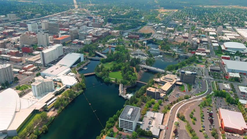 Aerial View of downtown Spokane, WA - Riverfront Park, Canada Island, Bridges