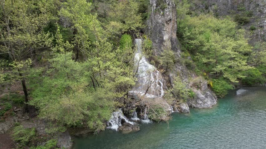 Aerial video above the beautiful views in Plaka on the Erechtheus River, Tzoumerka, Greece