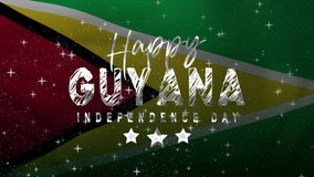 Guyana flag with a happy Independence Day message, suitable for celebrating Guyana national holiday on various digital platforms. - Powered by Shutterstock - Get 15% off with code: PIKWIZARD15