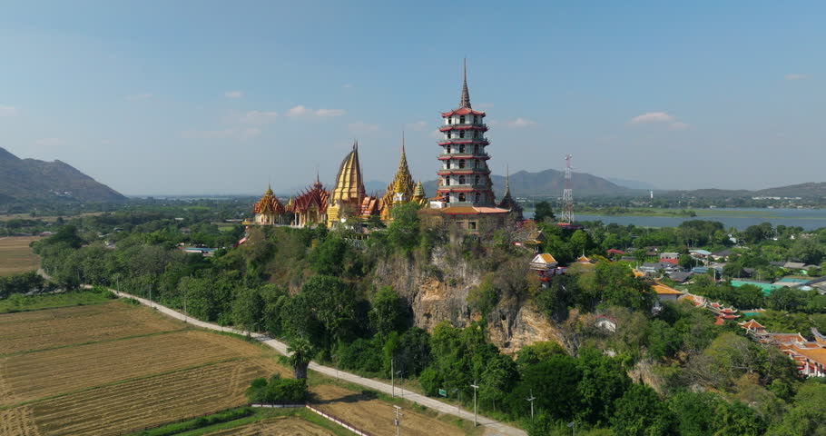 Wat Tham Suea - The Tiger Cave Temple In Muang Chum, Tha Muang District, Kanchanaburi, Thailand. Aerial Drone Shot