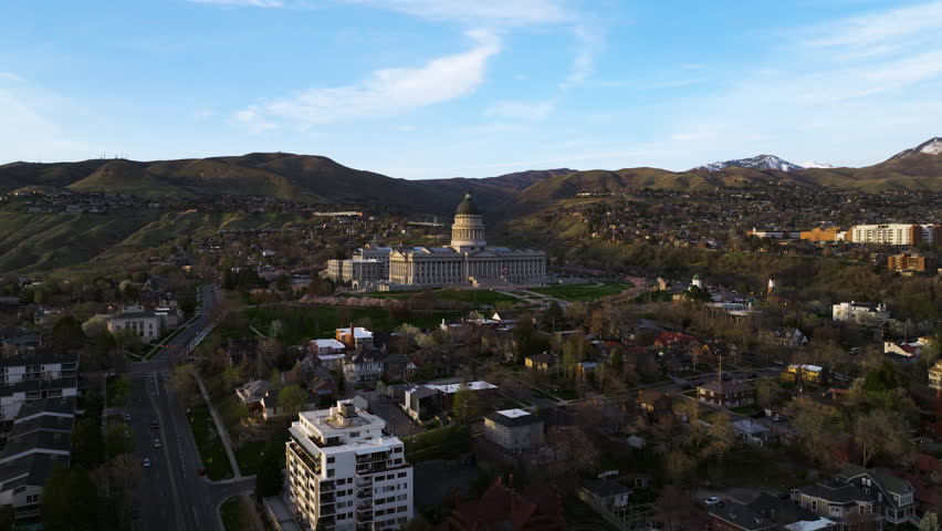 Imposing Architecture Of The Utah State Capitol Government Office In Salt Lake City, Utah, USA. Aerial Drone Shot