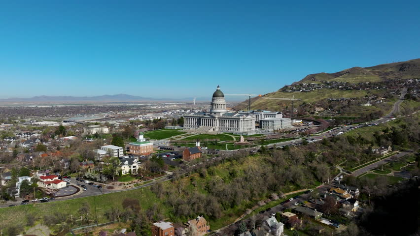 Utah State Capitol With Neoclassical Revival And Corinthian Style Building In Salt Lake City, Utah, USA. - aerial shot