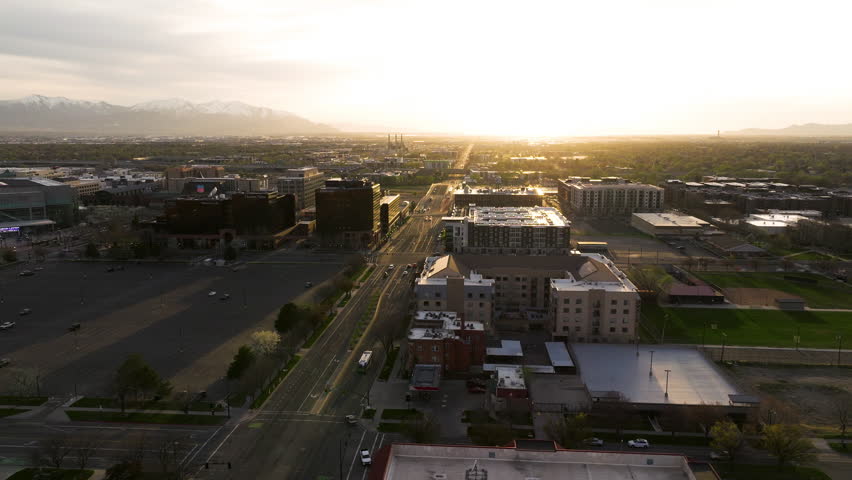 Highways Of Downtown Salt Lake City At Sunset In Utah, United States. Aerial Drone Shot